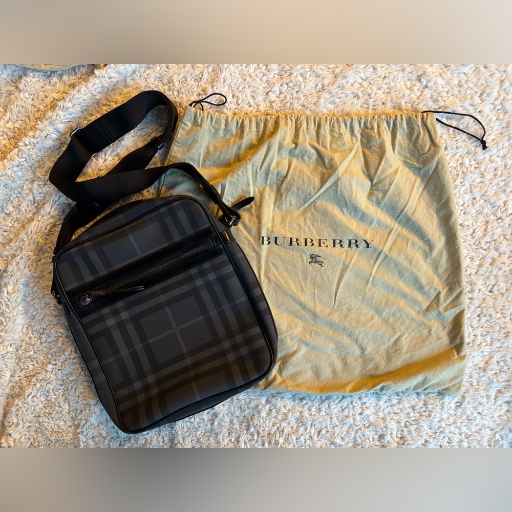 Men’s Burberry Black and Gray Checkered Messenger Bag